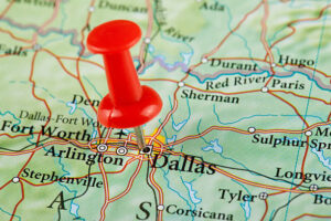Thumb tack in map marking Dallas