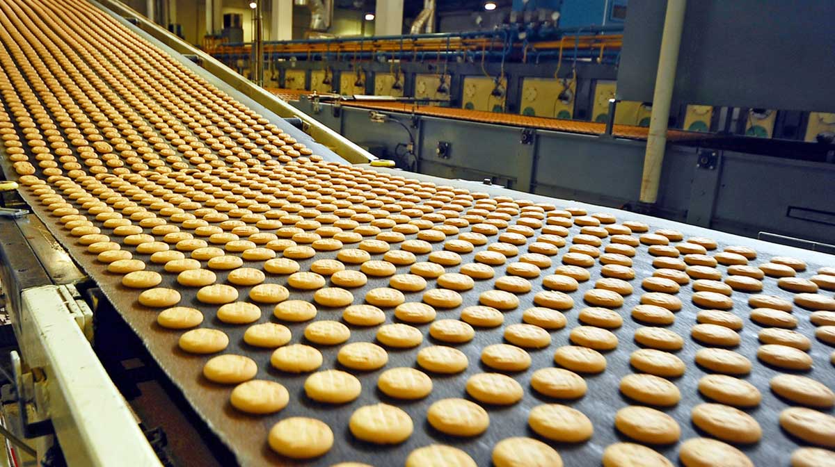 A food-safe conveyor belt moving bread in a food processing plant
